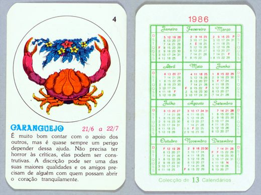 Coleccao de 12 Calendarios 04 1986