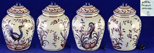 Pote com tampa em porcelana com passaros pintada a mao Portugal