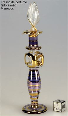 Frasco de perfume feito a mao roxo e dourado alongado (Marrocos)
