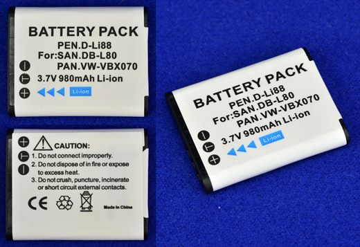Bateria Compativel Pentax D-Li88 Sanyo DB-L80 Panasonic VW-VBX070 3.7V 980mAh