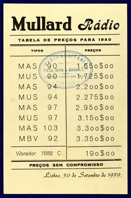 Mullard Radio - Tabela de precos para 1940