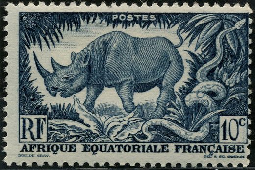 Africa Equatorial Francesa (Colonia) - 1947 - Rinoceronte Negro e Piton - 10C