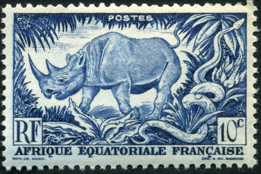 Africa Equatorial Francesa (Colonia) - 1947 - Rinoceronte Negro e Piton - 10C
