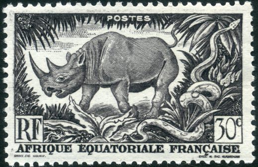Africa Equatorial Francesa (Colonia) - 1947 - Rinoceronte Negro e Piton - 30C