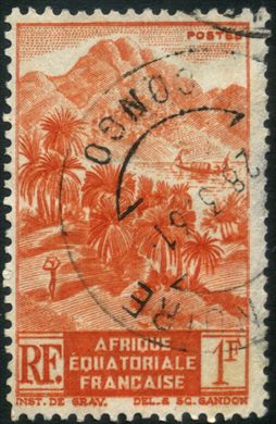 Africa Equatorial Francesa (Colonia) - 1947 - Paisagem com Palmeiras e Piroga no Rio - 1F