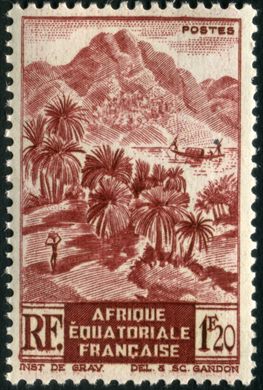 Africa Equatorial Francesa (Colonia) - 1947 - Paisagem com Palmeiras e Piroga no Rio - 1.2F