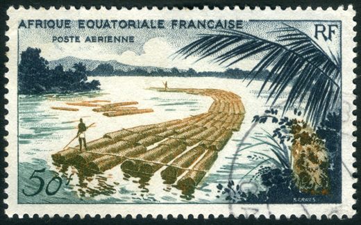 Africa Equatorial Francesa (Colonia) - 1947 - Transporte de Madeira pelo Rio - Correio Aereo - 50F