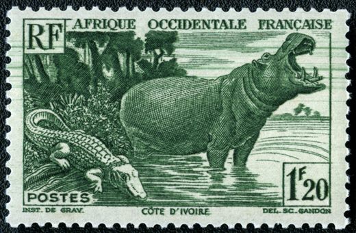 Africa Ocidental Francesa (Colonia) - 1947 - Hipopotamo e Jacare Costa do Marfim - 1F20