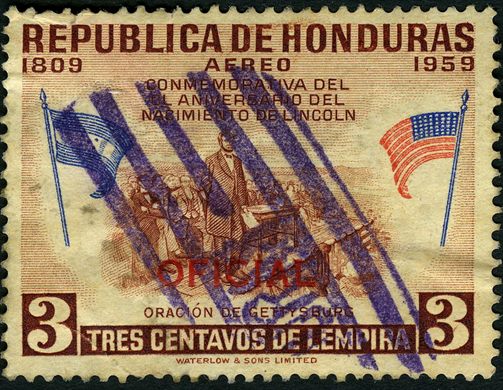 Honduras - 1959 - 150 Anos do Nascimento de Lincoln - Oracao de Gettysburg Sobrecarga Oficial - 3C