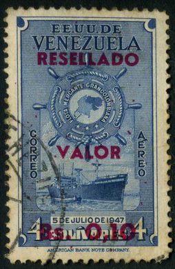 Venezuela (Estados Unidos) - 1965 - Flota Mercante Grancolombiana - Aereo - Sobreimpressao Resellado Valor Bs 0.10 sobre 4Bs - 0.10Bs