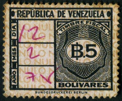 Venezuela (Fiscal) - Sem Data - Timbre Fiscal - 5Bs