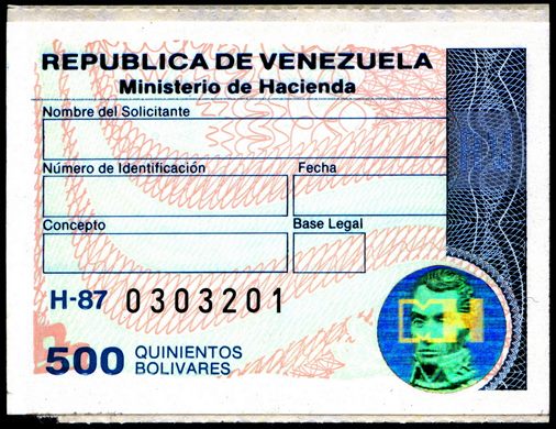 Venezuela (Fiscal) - Sem Data - Ministerio de Hacienda H87 - 500Bs
