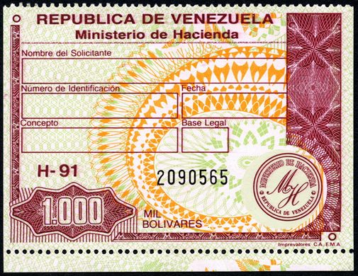 Venezuela (Fiscal) - Sem Data - Ministerio de Hacienda H91 - 1000Bs