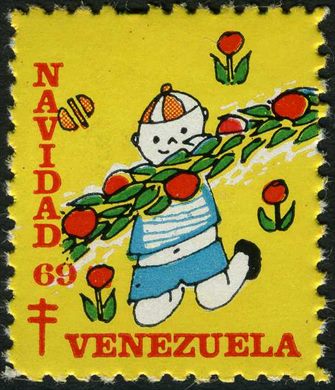 Venezuela (Vinhetas) - 1969 - Vineta Antituberculosis Navidad Crianca com Ramo de Fruta - Sem Valor