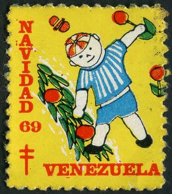 Venezuela (Vinhetas) - 1969 - Vineta Antituberculosis Navidad Crianca com Bastao e Fruta - Sem Valor