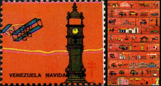 Venezuela (Vinhetas) - 1978 - Vineta Antituberculosis Caracas Antigua Torre Relogio Biplano - Sem Valor