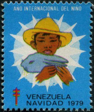 Venezuela (Vinhetas) - 1979 - Vineta Antituberculosis Ano Internacional del Nino Menino com Peixe - Sem Valor