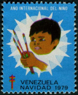 Venezuela (Vinhetas) - 1979 - Vineta Antituberculosis Ano Internacional del Nino Crianca com Lapis - Sem Valor