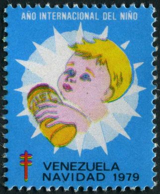 Venezuela (Vinhetas) - 1979 - Vineta Antituberculosis Ano Internacional del Nino Menina com Peluche - Sem Valor