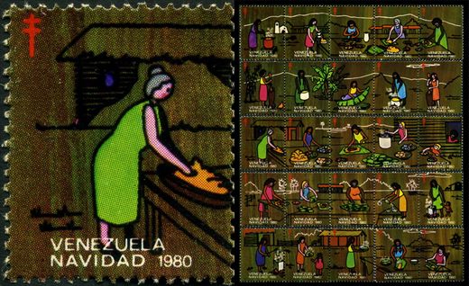 Venezuela (Vinhetas) - 1980 - Vineta Antituberculosis Navidad Bandeja Pan y Huevos - Sem Valor