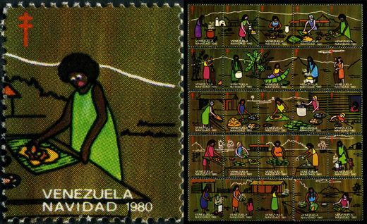 Venezuela (Vinhetas) - 1980 - Vineta Antituberculosis Navidad Colocando Guiso en Hoja - Sem Valor