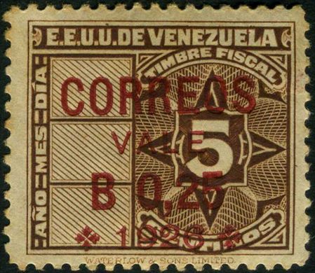 Venezuela - 1932 - Selo Fiscal Sobrecarga Correos - Sucre - 0.25B