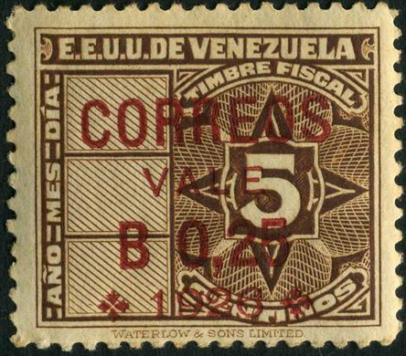 Venezuela - 1947 - Timbre Fiscal Resellado Correos - 5C