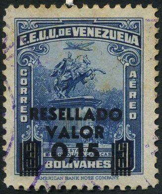Venezuela - 1947 - Estatua Bolivar Caracas Aereo Sobrecarga Resellado - 0.15Bs sobre 10Bs