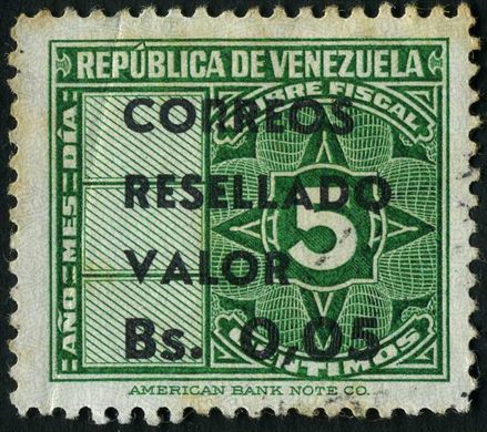 Venezuela - 1951 - Timbre Fiscal Resellado Correos - 0.05Bs
