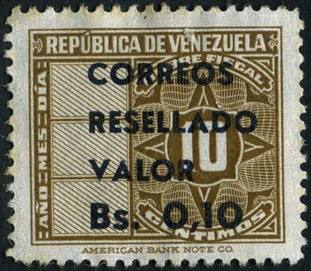 Venezuela - 1951 - Timbre Fiscal Resellado Correos - 0.10Bs