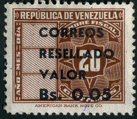 Venezuela - 1951 - Timbre Fiscal Resellado Correos - 0.05Bs