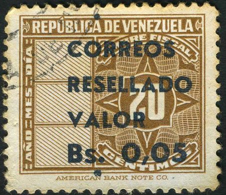 Venezuela - 1951 - Timbre Fiscal Resellado Correos - 0.05Bs