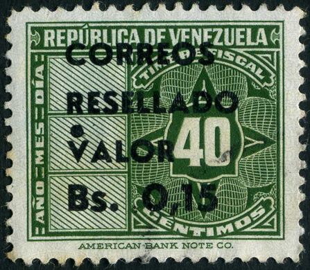 Venezuela - 1951 - Timbre Fiscal Resellado Correos - 0.15Bs