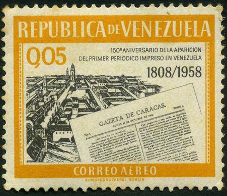 Venezuela - 1958 - Primer Periodico Impreso Gazeta de Caracas Aereo - 0.05Bs