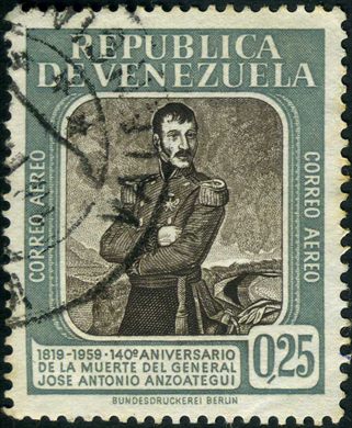 Venezuela - 1959 - 140 Aniversario Muerte Jose Antonio Anzoategui - Aereo - 0.25Bs