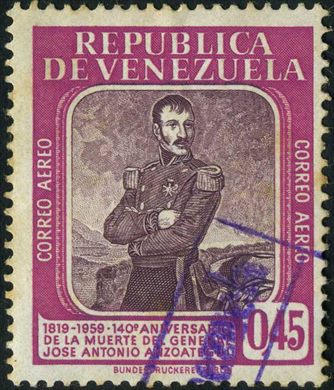 Venezuela - 1959 - 140 Aniversario Muerte Jose Antonio Anzoategui - Aereo - 0.45Bs