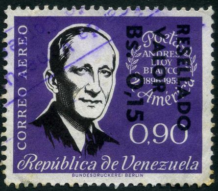 Venezuela - 1965 - Andres Eloy Blanco Resellado Valor - 0.15Bs sobre 0.90Bs (Aereo)