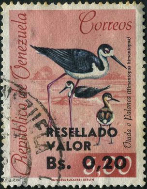 Venezuela - 1965 - Aves Viuda o Palanca Himantopus Resellado Valor - 0.20Bs sobre 3Bs
