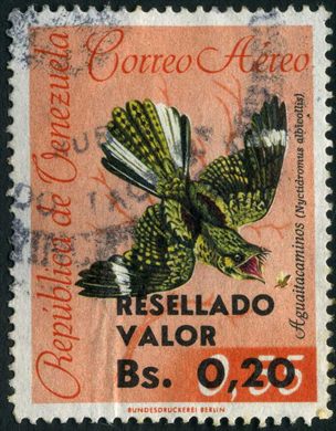 Venezuela - 1965 - Aves Aereo Aguaitacaminos Nyctidromus albicollis Resellado Valor - 0.20Bs sobre 0.55Bs