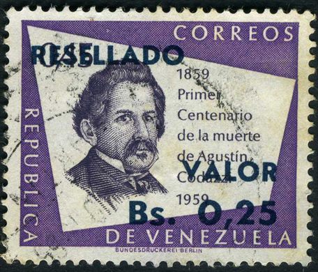Venezuela - 1965 - Centenario Morte Agustin Codazzi Resellado Valor - 0.25Bs sobre 0.45Bs