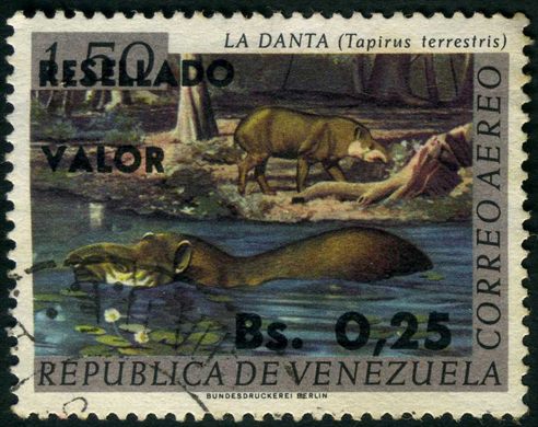 Venezuela - 1965 - La Danta Tapirus terrestris Resellado - 0.25Bs sobre 1.50Bs