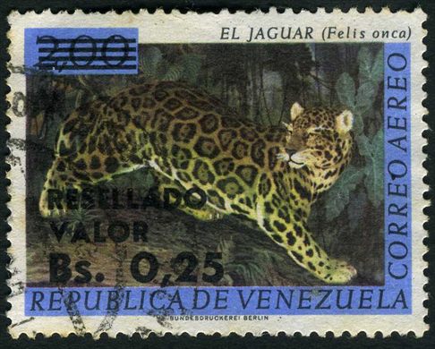 Venezuela - 1965 - El Jaguar Felis onca Resellado - 0.25Bs sobre 2Bs