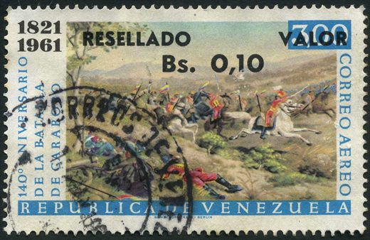 Venezuela - 1965 - Batalla de Carabobo Resellado - 0.10Bs sobre 3Bs