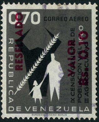 Venezuela - 1965 - IX Censo de Poblacion y III Agropecuario Resellado - 0.10Bs sobre 0.70Bs
