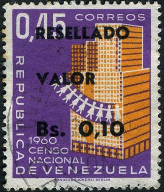Venezuela - 1965 - Censo Nacional de Venezuela Resellado - 0.10Bs sobre 0.45Bs