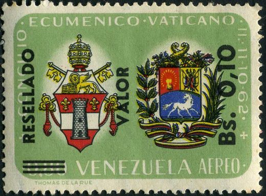 Venezuela - 1965 - Concilio Ecumenico Vaticano II Resellado - 0.10Bs sobre Bs aereo - Escudos