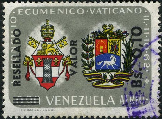 Venezuela - 1965 - Concilio Ecumenico Vaticano II Resellado - 0.10Bs sobre 0.90Bs aereo - Escudos