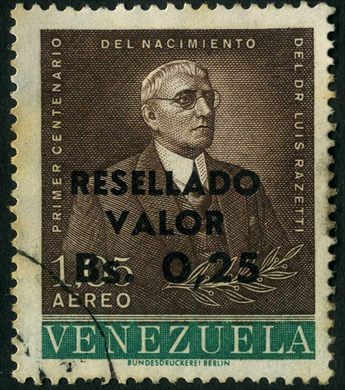Venezuela - 1965 - Centenario Dr Luis Razetti - Aereo - Sobreimpressao Resellado Valor 0.25 sobre 1.85Bs - 0.25Bs