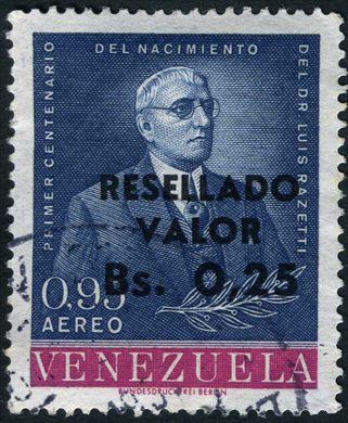 Venezuela - 1965 - Centenario Dr Luis Razetti - Aereo - Sobreimpressao Resellado Valor 0.25 sobre 0.95Bs - 0.25Bs