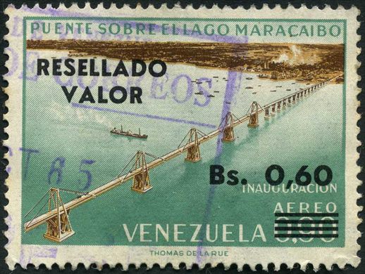 Venezuela - 1965 - Puente Lago Maracaibo Aereo Sobrecarga - 0.60Bs sobre 0.90Bs